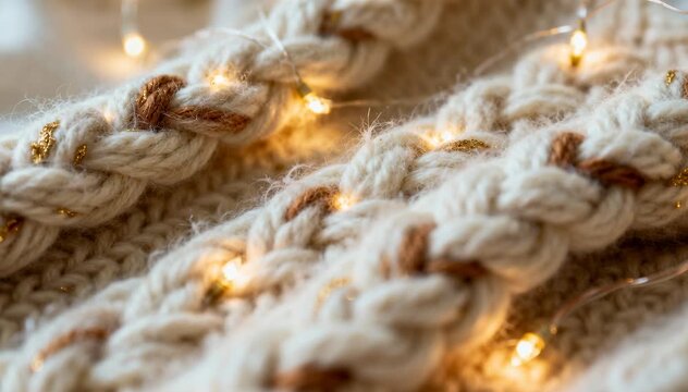 Close-up of thick chunky knit woolen scarves with warm glowing fairy lights, cozy winter accessories in soft neutral tones, winter fashion and