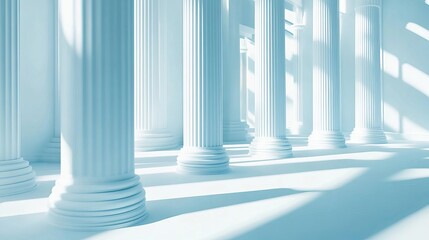 Dramatic perspective of elegant white pillars bathed in sunlight evokes strength, history, and timeless architectural grandeur for branding and design projects