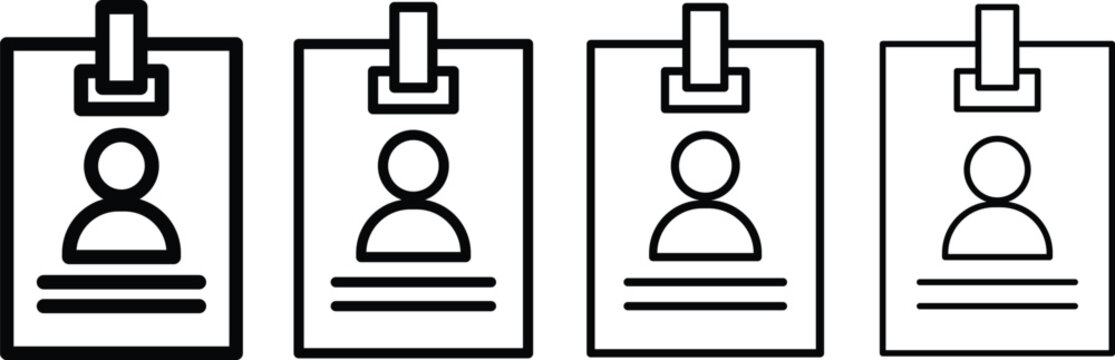 Isolated black ID card holder icons, representing onboarding support and approval. staff badge icon sign vector security access, visitor pass, editable vector illustration,.
