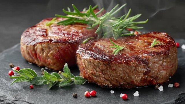 Two succulent beef steaks, perfectly seared to a delicious golden-brown crust, are showcased on a dark, textured slate board, emitting subtle wisps of steam that emphasize their freshly cooked warmth.
