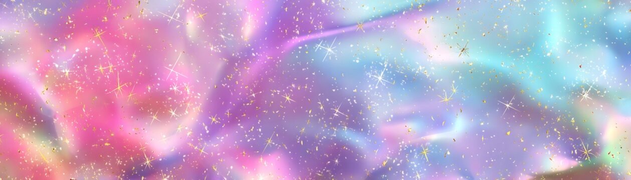 Glittering gradient background with hologram effect and magic lights. Holographic abstract fantasy backdrop with fairy sparkles, gold stars and festive blurs Panoramic banner 80s 90s Y2K style.

