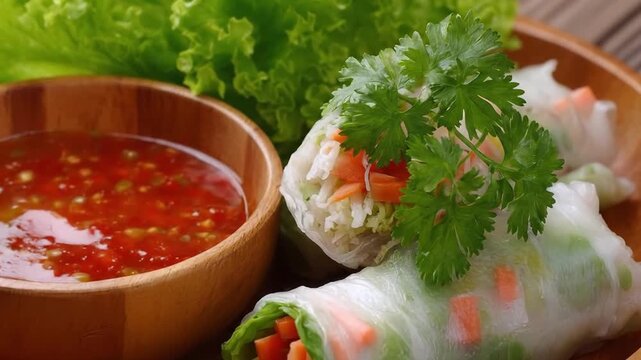 Vibrant fresh spring rolls, filled with crisp vegetables and green herbs, beautifully wrapped in translucent paper. A rustic wooden bowl of zesty red dipping sauce complements this healthy, appetizing