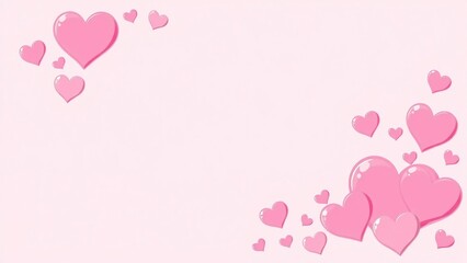 Cute glossy pink hearts forming a soft corner frame on pastel background, kwaii love background with copy space, Valentine and wedding design.