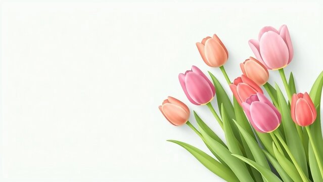 Soft pastel tulips in the corner with green leaves on light background, spring floral border with copy space for text, greeting card and design template.