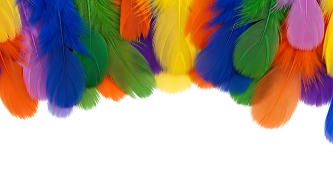 A vibrant border of multicolored craft feathers in rainbow colors like red, blue, green, and yellow, isolated on a clean white background with ample copy space for text