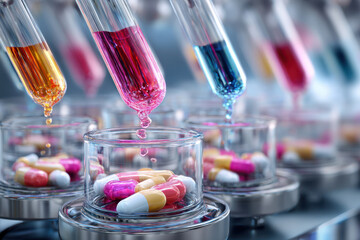 Colorful liquids being dispensed into containers with capsules at a pharmaceutical lab