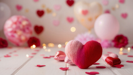 Colorful decorations for a romantic celebration. Red and pink hearts, balloons, and flower petals are arranged