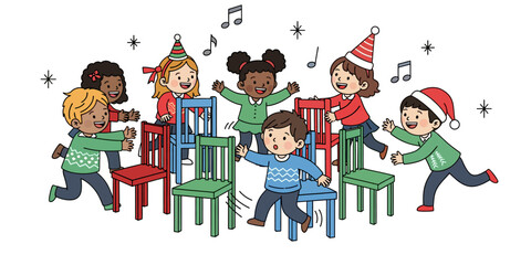 A cheerful flat vector illustration featuring a group of children of various ethnicities happily playing a game of musical chairs during a holiday party or Christmas celebration.
