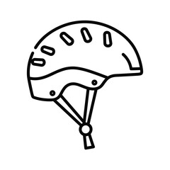 Fototapeta premium Simple black and white outline icon drawing of a protective sports helmet with ventilation holes and chin strap, isolated on