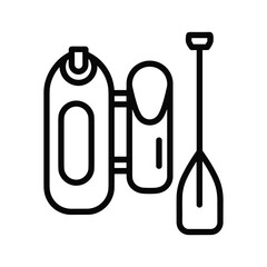 Black and white line icon of inflatable paddle board equipment including a paddle and pump isolated on