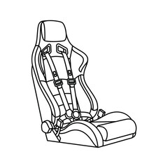 Line drawing of a racing bucket seat with a fivepoint safety harness system, isolated on