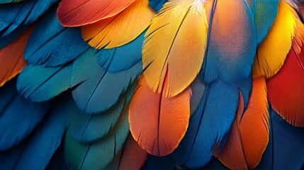 Obraz premium Stunning vibrant parrot feathers create a visually arresting texture, perfect for backgrounds, designs, and adding a colorful tropical touch