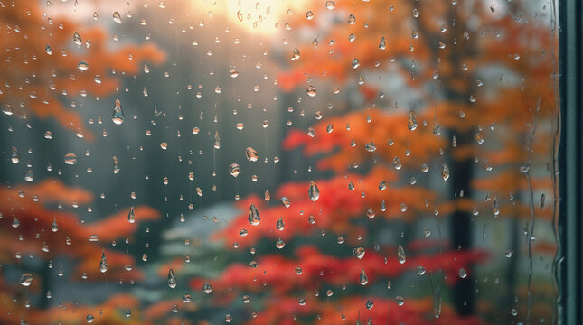 Raindrops on a window with blurred autumn leaves in background. Scene captures essence of a rainy day