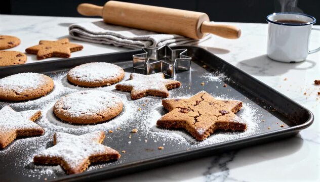 Freshly baked homemade holiday cookies on a baking sheet with star and round shapes dusted with powdered sugar, surrounded by baking tools and a hot