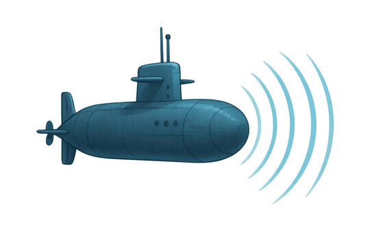 Submarine sending out sonar waves, a cartoon illustration for marine exploration and underwater navigation on transparent background