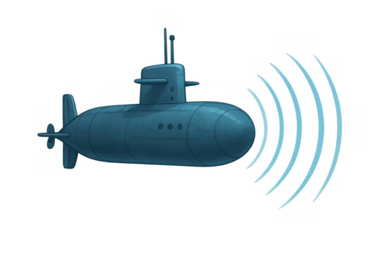 Submarine sending out sonar waves, a cartoon illustration for marine exploration and underwater navigation on transparent background