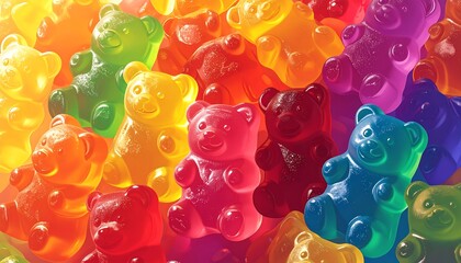 Array of colorful gummy bears clustered together, their translucent bodies reflecting bright, diffused light