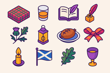 Scottish Celebration Icons. Burns Supper Table flat icon set: tartan tablecloth, whisky glass, open book, quill pen, thistle sprig, lantern glow, haggis plate, plaid ribbon, candle