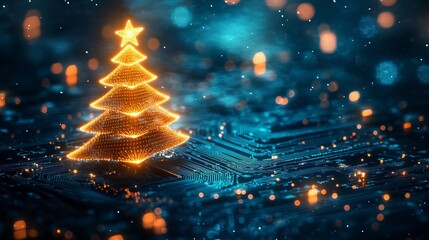 Glowing Christmas tree on a circuit board with bokeh lights brings high tech holiday cheer, perfect for modern greetings and futuristic themes.