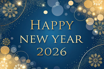 Golden Happy New Year 2026 Banner on Blue Gradient Background with Glitter & Bokeh Lights