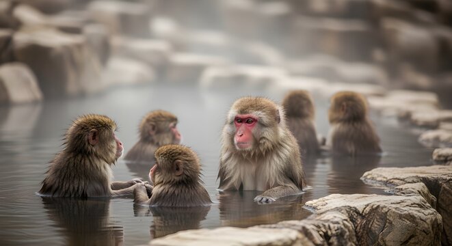 Family group of adorable Japanese snow monkeys relaxing together in steaming hot spring surrounded by snow, displaying social behavior and contentment while warming themselves in geothermal water duri