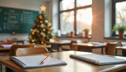Christmas decorated classroom with a festive tree and notebooks on the wooden desks