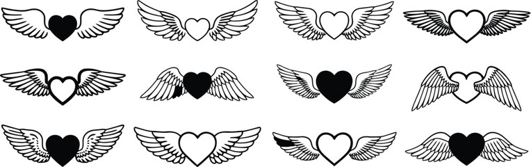 Fototapeta premium Assortment of Heart with Wings Designs Black and White Illustrations for Valentine's Day