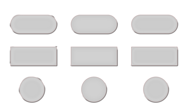 Collection nine transparent glass banners buttons set three shapes rounded rectangular sharp rectangular circles blank clear realistic 3D interface design elements isolated on checker background