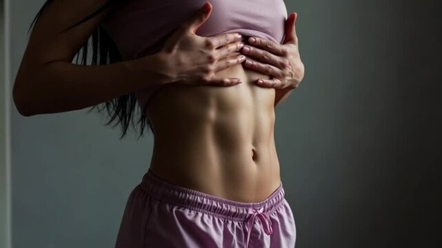 a confident athletic woman proudly showing her chiseled belly abs, strong muscular lines, disciplined physique, defined core, and the powerful results of her dedicated fitness.– Generative AI