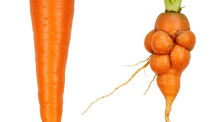 Two carrots, one regular and with tumors, isolated on white vegetable