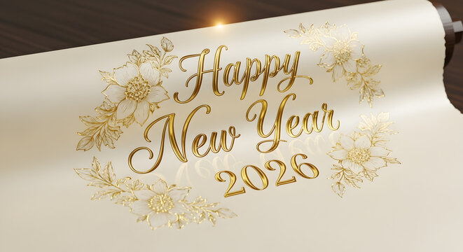 Happy New Year 2026 golden text on parchment with floral accents. - Powered by Adobe