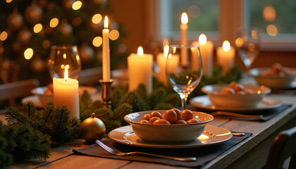 Christmas dining table with festive treats and decorations, lit by warm candlelight