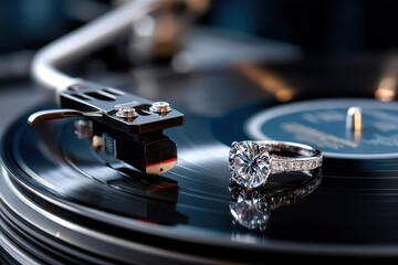 Diamond Ring on a Spinning Vinyl Record with a Record Player Needle