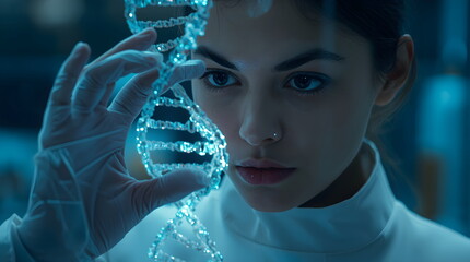 Portrait of a Female Scientist Looking at a Glowing Holographic DNA Strand
