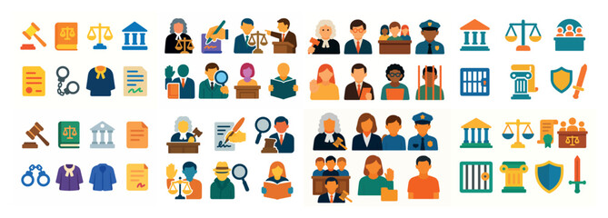Fototapeta premium Colorful legal and justice icons collection