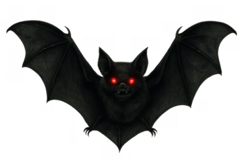 Scary vampire bat with glowing red eyes, spreading wings against a transparent background, halloween horror concept