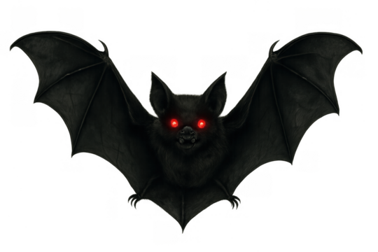 Scary vampire bat with glowing red eyes, spreading wings against a transparent background, halloween horror concept
