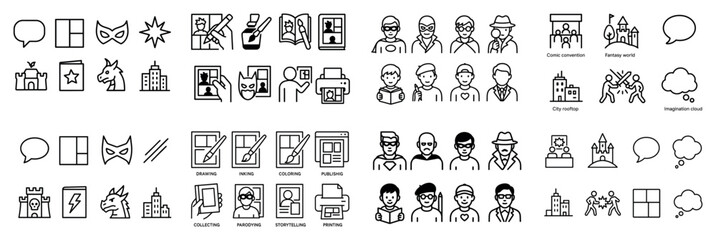 Comic creation icons and fantasy world elements