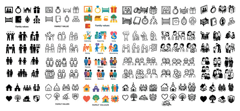 Diverse family values icons and symbols collection