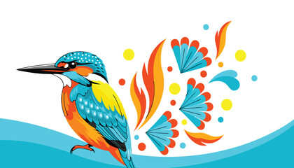 Vector artwork of stylized kingfisher with decorative feathers and bold color palette