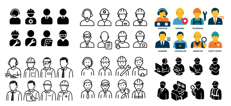Diverse industrial worker icons in various styles