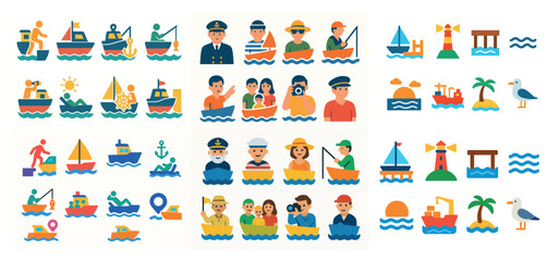 Fototapeta premium Colorful nautical icons and diverse people illustrations