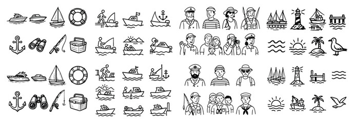 Fototapeta premium Nautical doodles of boats and sailors