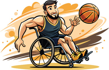 Male person with disability playing basketball, flat illustration, vector illustration.