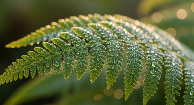 Close-up of a fern frond covered in water droplets.