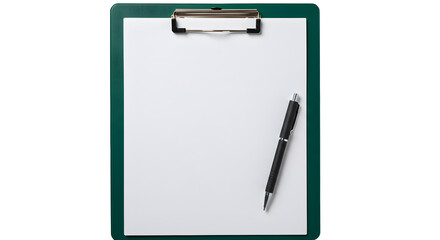 White paper lies on textured green clipboard with pen. Perfect for product photography, posters, or branding.