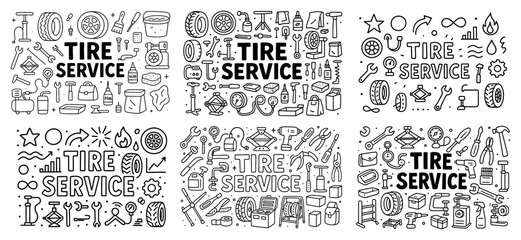 Fototapeta premium Tire service icons and tools set collection