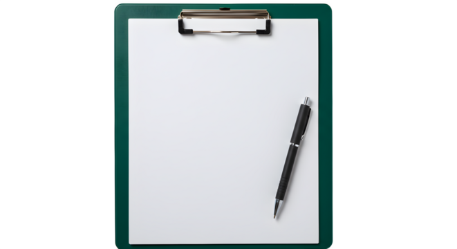 White paper lies on textured green clipboard with pen. Perfect for product photography, posters, or branding.