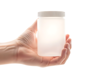 Hand holding a translucent plastic laboratory sample container isolated on transparent background