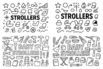Fototapeta premium Baby strollers and tools line art collection